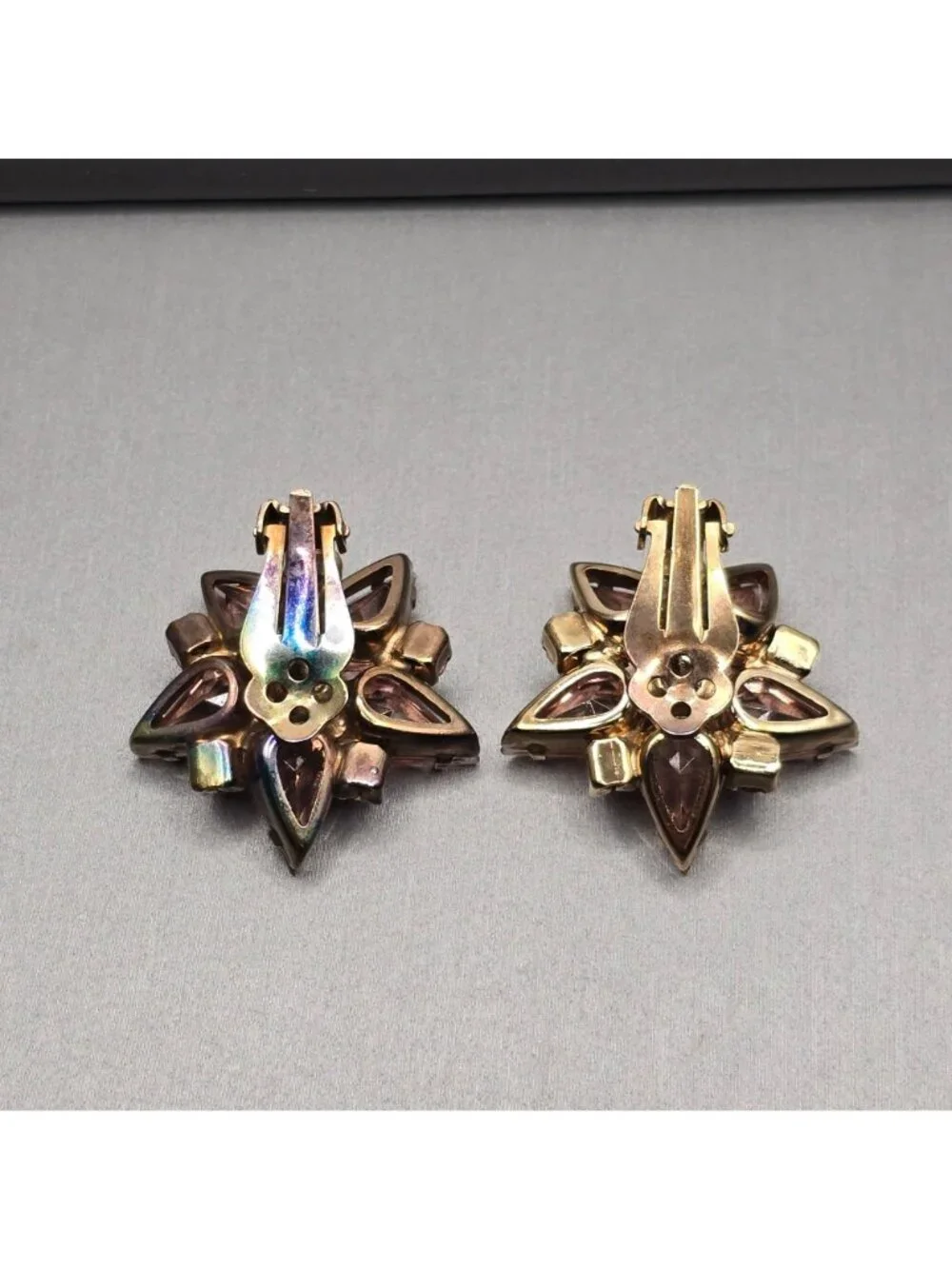 Vintage Pink Rhinestone Starburst Clip On Earrings Peach Mid Century Modern